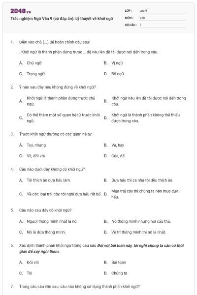 Trắc nghiệm Ngữ Văn 9 (có đáp án): Lý thuyết về khởi ngữ