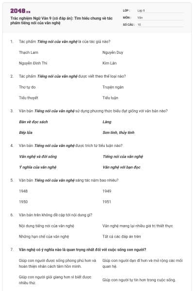 Trắc nghiệm Ngữ Văn 9 (có đáp án): Tìm hiểu chung về tác phẩm tiếng nói của văn nghệ