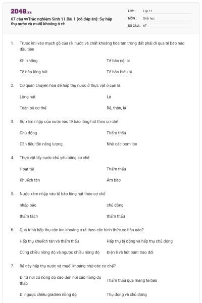 67 câu vvTrắc nghiệm Sinh 11 Bài 1 (có đáp án): Sự hấp thụ nước và muối khoáng ở rễ