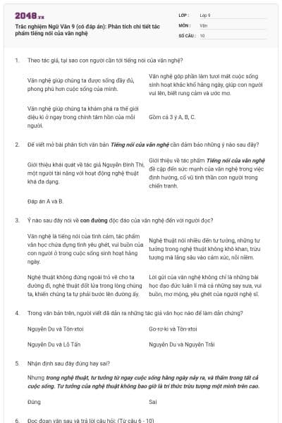 Trắc nghiệm Ngữ Văn 9 (có đáp án): Phân tích chi tiết tác phẩm tiếng nói của văn nghệ