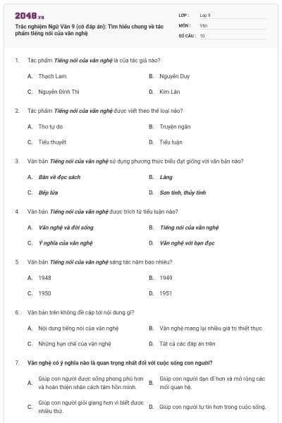 Trắc nghiệm Ngữ Văn 9 (có đáp án): Tìm hiểu chung về tác phẩm tiếng nói của văn nghệ