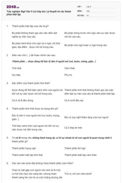 Trắc nghiệm Ngữ Văn 9 (có đáp án): Lý thuyết về các thành phần biệt lập