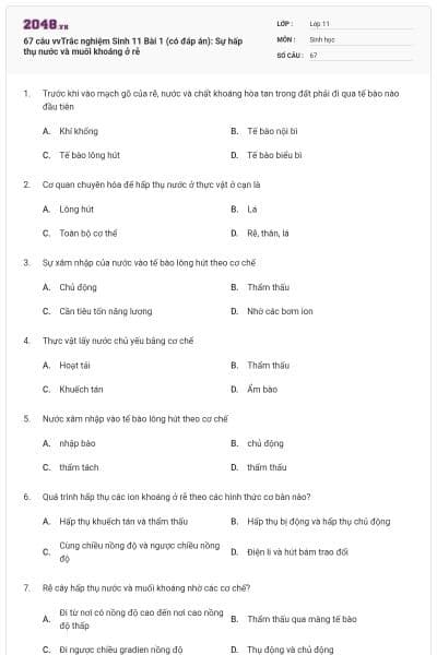 67 câu vvTrắc nghiệm Sinh 11 Bài 1 (có đáp án): Sự hấp thụ nước và muối khoáng ở rễ