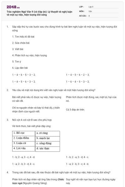 Trắc nghiệm Ngữ Văn 9 (có đáp án): Lý thuyết về nghị luận về một sự việc, hiện tượng đời sống