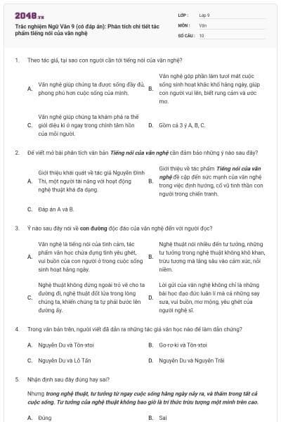 Trắc nghiệm Ngữ Văn 9 (có đáp án): Phân tích chi tiết tác phẩm tiếng nói của văn nghệ