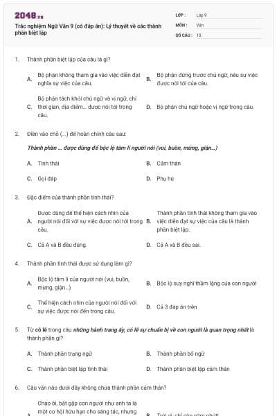 Trắc nghiệm Ngữ Văn 9 (có đáp án): Lý thuyết về các thành phần biệt lập