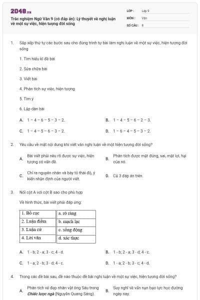 Trắc nghiệm Ngữ Văn 9 (có đáp án): Lý thuyết về nghị luận về một sự việc, hiện tượng đời sống