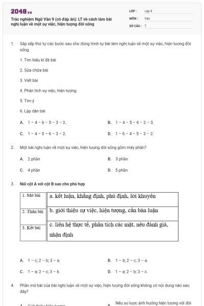 Trắc nghiệm Ngữ Văn 9 (có đáp án): LT về cách làm bài nghị luận về một sự việc, hiện tượng đời sống