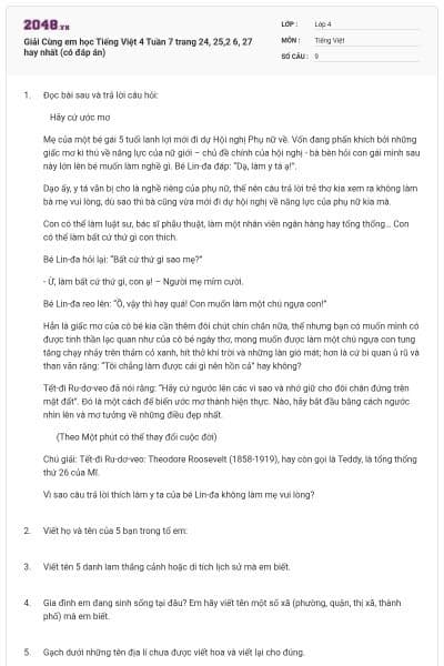 Giải Cùng em học Tiếng Việt 4 Tuần 7 trang 24, 25,2 6, 27 hay nhất (có đáp án)