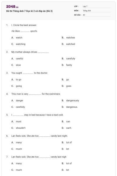 Đề thi Tiếng Anh 7 Học kì 2 có đáp án (Đề 3)