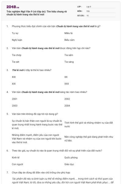 Trắc nghiệm Ngữ Văn 9 (có đáp án): Tìm hiểu chung về chuẩn bị hành trang vào thế kỉ mới