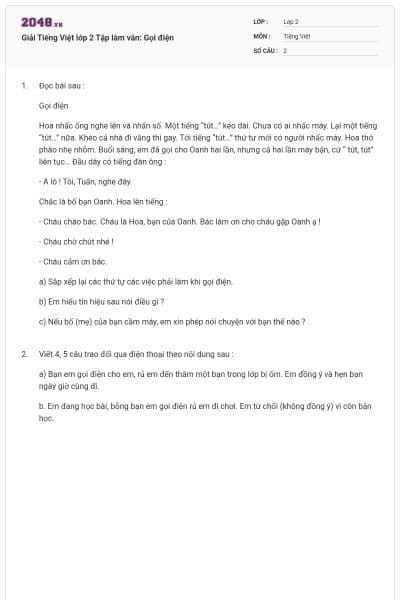 Giải Tiếng Việt lớp 2 Tập làm văn: Gọi điện