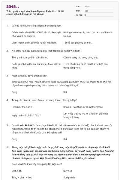 Trắc nghiệm Ngữ Văn 9 (có đáp án): Phân tích chi tiết chuẩn bị hành trang vào thế kỉ mới