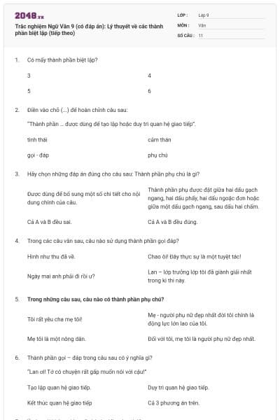 Trắc nghiệm Ngữ Văn 9 (có đáp án): Lý thuyết về các thành phần biệt lập (tiếp theo)