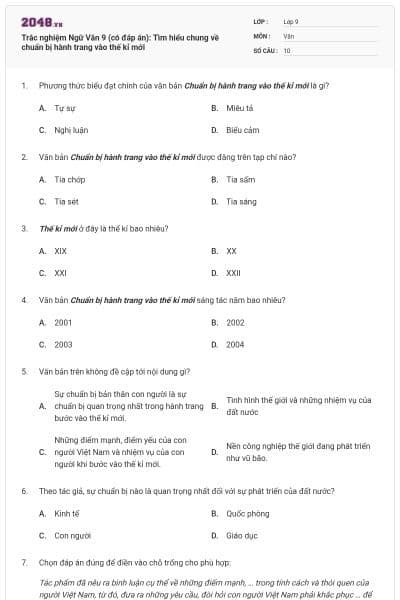 Trắc nghiệm Ngữ Văn 9 (có đáp án): Tìm hiểu chung về chuẩn bị hành trang vào thế kỉ mới