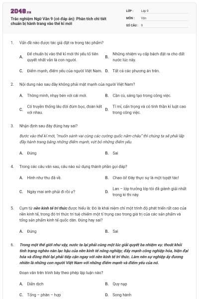 Trắc nghiệm Ngữ Văn 9 (có đáp án): Phân tích chi tiết chuẩn bị hành trang vào thế kỉ mới