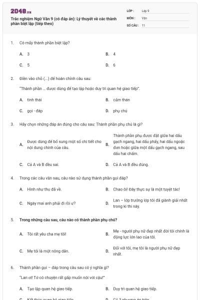 Trắc nghiệm Ngữ Văn 9 (có đáp án): Lý thuyết về các thành phần biệt lập (tiếp theo)