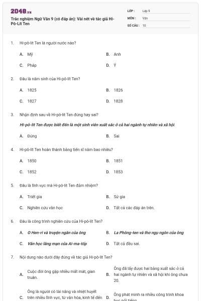 Trắc nghiệm Ngữ Văn 9 (có đáp án): Vài nét về tác giả Hi-Pô-Lít Ten