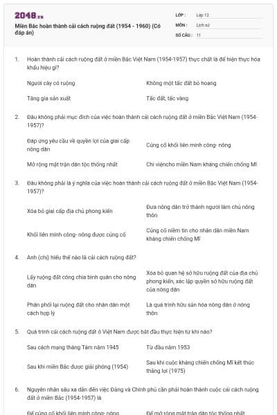 Miền Bắc hoàn thành cải cách ruộng đất (1954 - 1960) (Có đáp án)