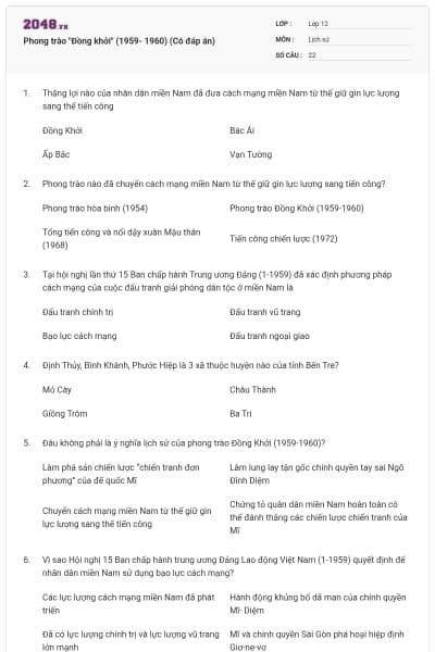 Phong trào "Đồng khởi" (1959- 1960) (Có đáp án)