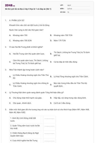 Đề thi Lịch Sử và Địa Lí lớp 4 Học kì 1 có đáp án (Đề 1)