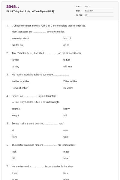 Đề thi Tiếng Anh 7 Học kì 2 có đáp án (Đề 4)