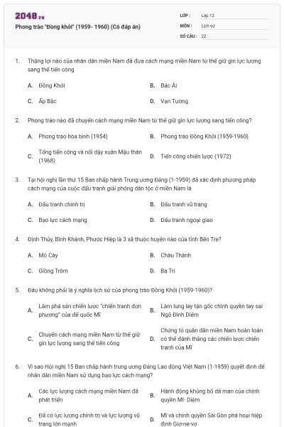 Phong trào "Đồng khởi" (1959- 1960) (Có đáp án)