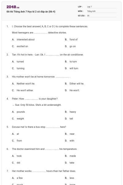 Đề thi Tiếng Anh 7 Học kì 2 có đáp án (Đề 4)