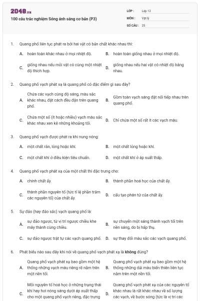 100 câu trắc nghiệm Sóng ánh sáng cơ bản (P3)