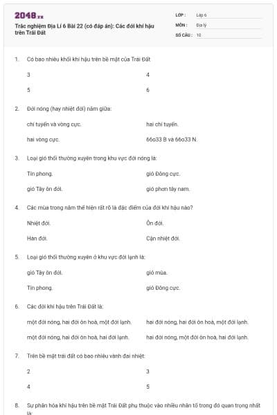 Trắc nghiệm Địa Lí 6 Bài 22 (có đáp án): Các đới khí hậu trên Trái Đất