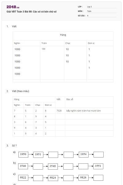 Giải VBT Toán 3 Bài 88: Các số có bốn chữ số