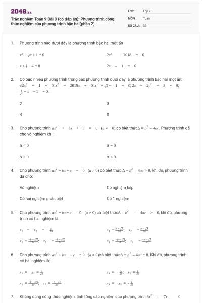 Trắc nghiệm Toán 9 Bài 3 (có đáp án): Phương trình,công thức nghiệm của phương trình bậc hai(phần 2)