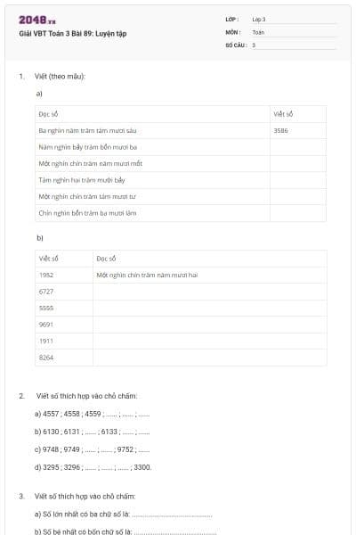 Giải VBT Toán 3 Bài 89: Luyện tập