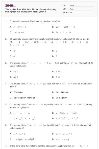 Trắc nghiệm Toán 9 Bài 3 (có đáp án): Phương trình,công thức nghiệm của phương trình bậc hai(phần 2)