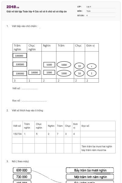 Giải vở bài tập Toán lớp 4 Các số có 6 chữ số có đáp án