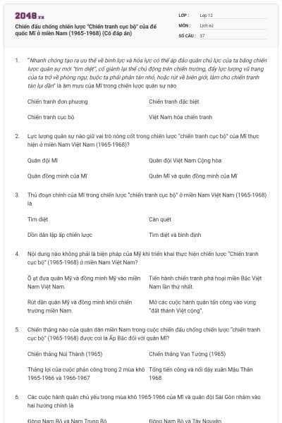 Chiến đấu chống chiến lược "Chiến tranh cục bộ" của đế quốc Mĩ ở miền Nam (1965-1968) (Có đáp án)