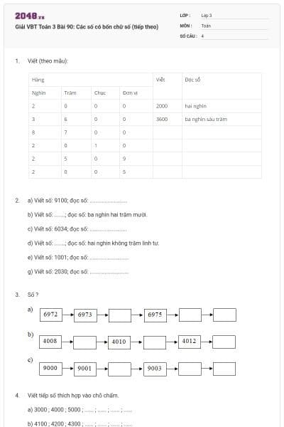 Giải VBT Toán 3 Bài 90: Các số có bốn chữ số (tiếp theo)