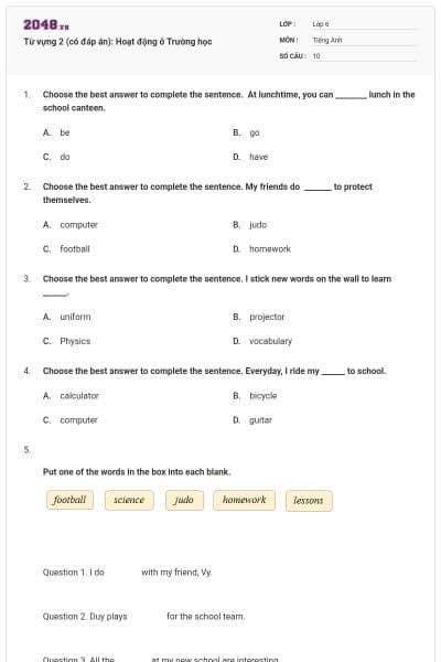 Từ vựng 2 (có đáp án): Hoạt động ở Trường học
