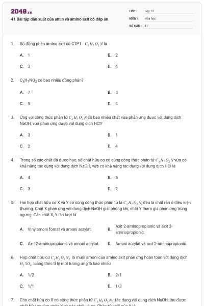 41 Bài tập dẫn xuất của amin và amino axit có đáp án