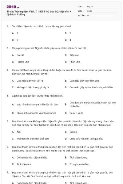 40 câu Trắc nghiệm Vật Lí 11 Bài 1 (có đáp án): Điện tích – Định luật Culông