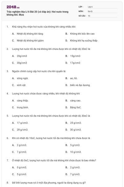 Trắc nghiệm Địa Lí 6 Bài 20 (có đáp án): Hơi nước trong không khí. Mưa