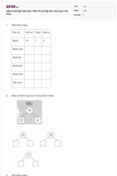 Giải vở bài tập Toán lớp 1 Bài 73 (có đáp án): Hai mươi. Hai chục