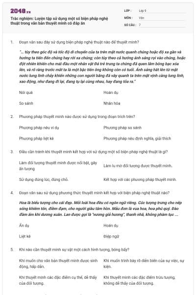 Trắc nghiệm: Luyện tập sử dụng một số biện pháp nghệ thuật trong văn bản thuyết minh có đáp án