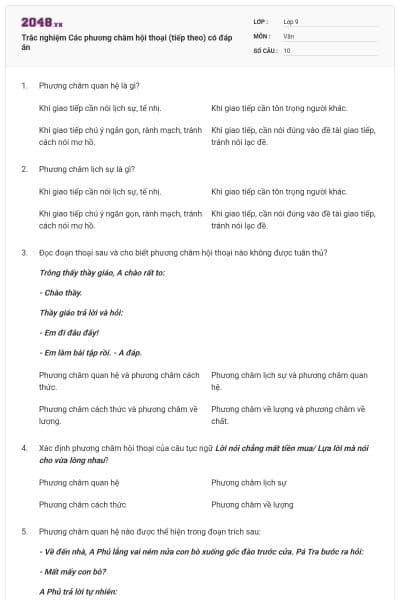 Trắc nghiệm Các phương châm hội thoại (tiếp theo) có đáp án