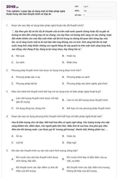 Trắc nghiệm: Luyện tập sử dụng một số biện pháp nghệ thuật trong văn bản thuyết minh có đáp án