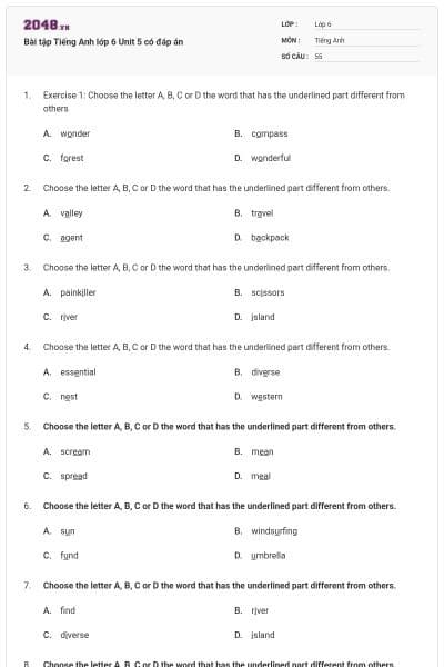 Bài tập Tiếng Anh lớp 6 Unit 5 có đáp án