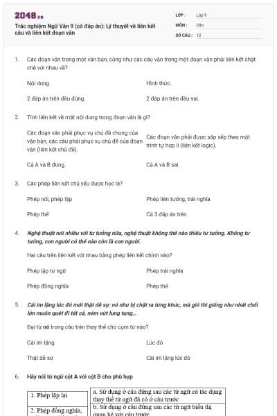 Trắc nghiệm Ngữ Văn 9 (có đáp án): Lý thuyết về liên kết câu và liên kết đoạn văn
