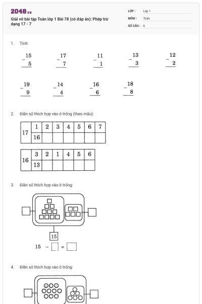 Giải vở bài tập Toán lớp 1 Bài 78 (có đáp án): Phép trừ dạng 17 - 7