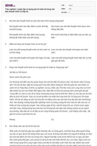 Trắc nghiệm: Luyện tập sử dụng yếu tố miêu tả trong văn bản thuyết minh có đáp án