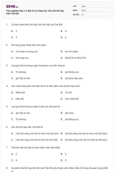 Trắc nghiệm Địa Lí 6 Bài 22 (có đáp án): Các đới khí hậu trên Trái Đất